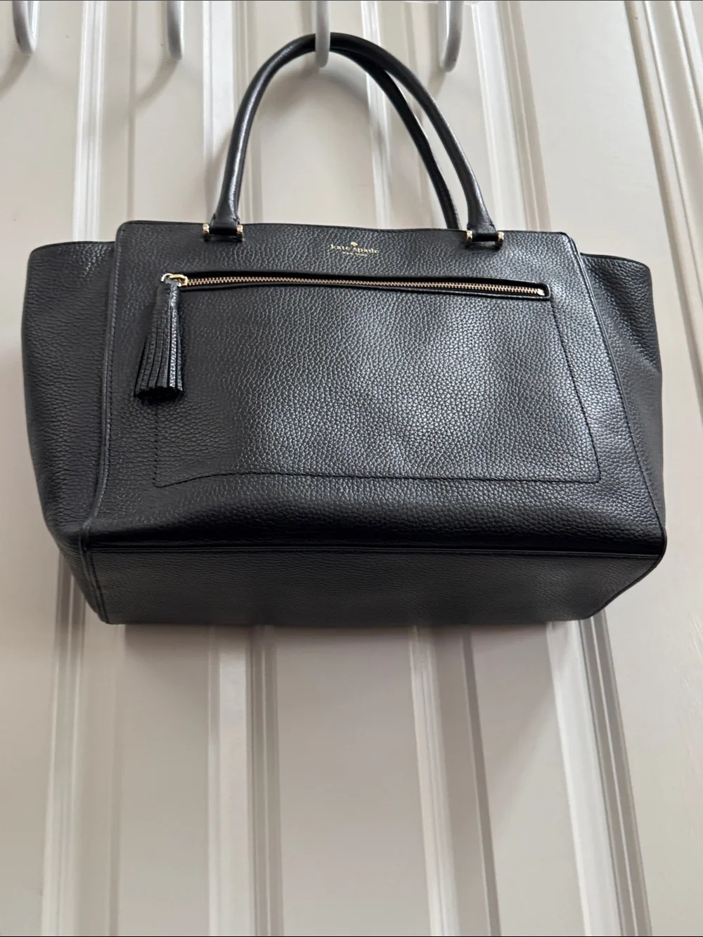 kate spade Black Pebbled Leather Tote with Front Zip Tassel